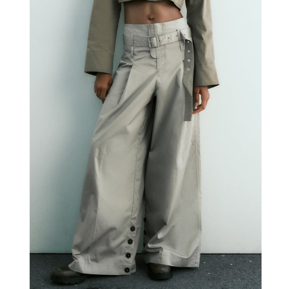 Zara Wide Leg Belted Cargo Pants in Light Taupe